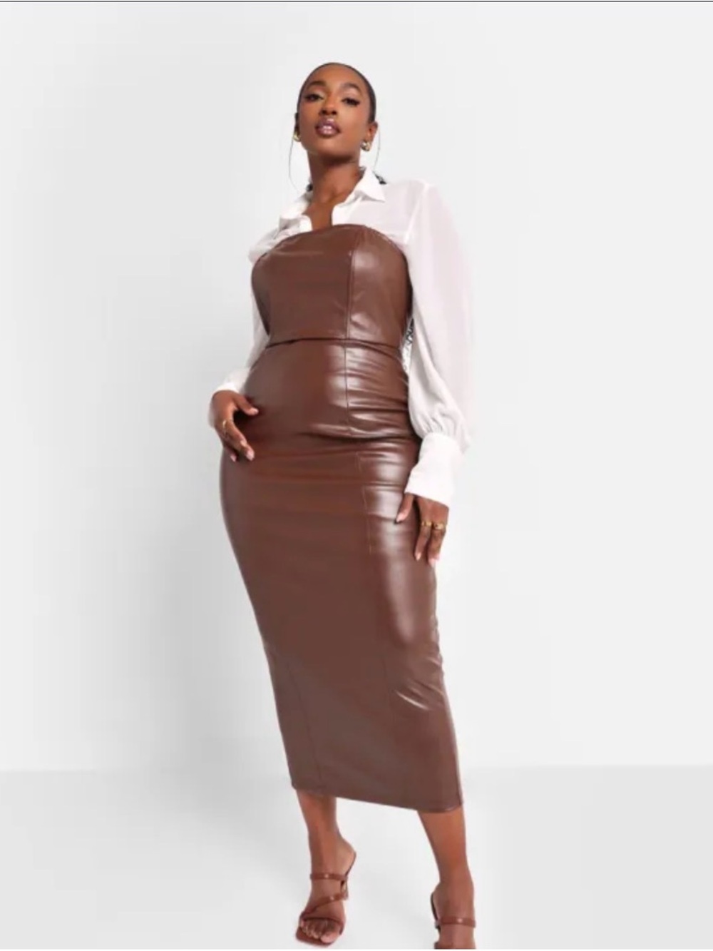 Rebdolls Chocolate Brown Faux Leather Strapless Midi Dress